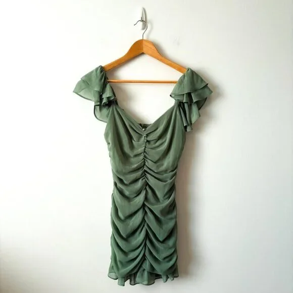zara mini dress green ZARA green ruched slinky mini dress